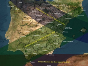 Franjas de totalidad (2026 y 2027) y de anularidad (2028) de los eclipses de Sol que se verán en la península ibérica los próximos años. CRÉDITO: Instituto Geográfico Nacional (IGN)