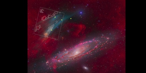 Imagen de la galaxia de Andrómeda y su entorno. Combina la instantánea obtenida por Strottner, Drechsler y Sainty y se supornen los datos del estudio. FUENTE: CEFCA// A. Lumbreras, Strottner, Drechsler, Sainty. 2025