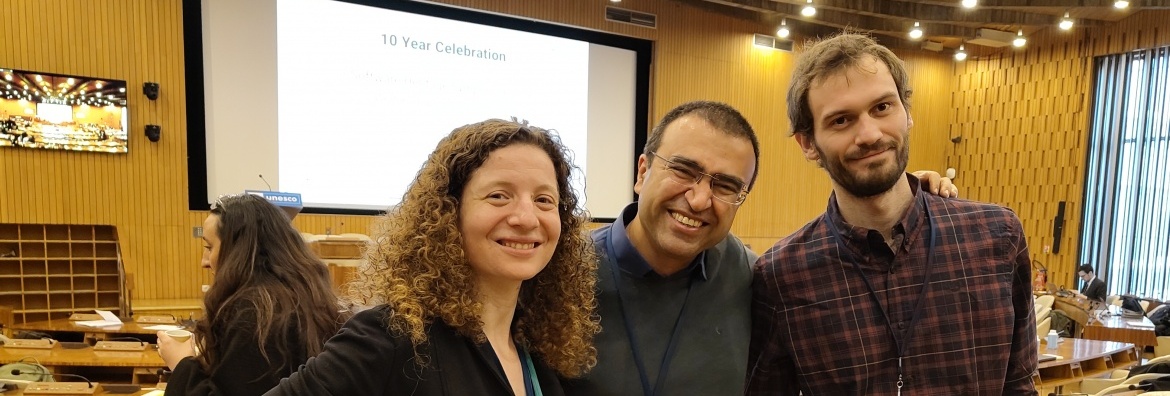 Morane Grunpeter (left), Head of Open Science Operations at Software Heritage, with Mohammad Akhlaghi (centre) and Giacomo Lorenzetti (right), during the annual Software Heritage meeting at the UNESCO headquarters in Paris